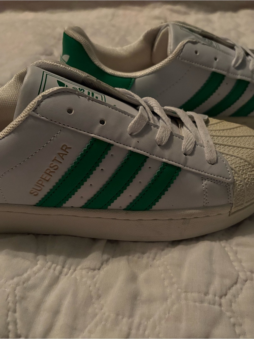Adidas Superstar White Sneakers with Green Stripes